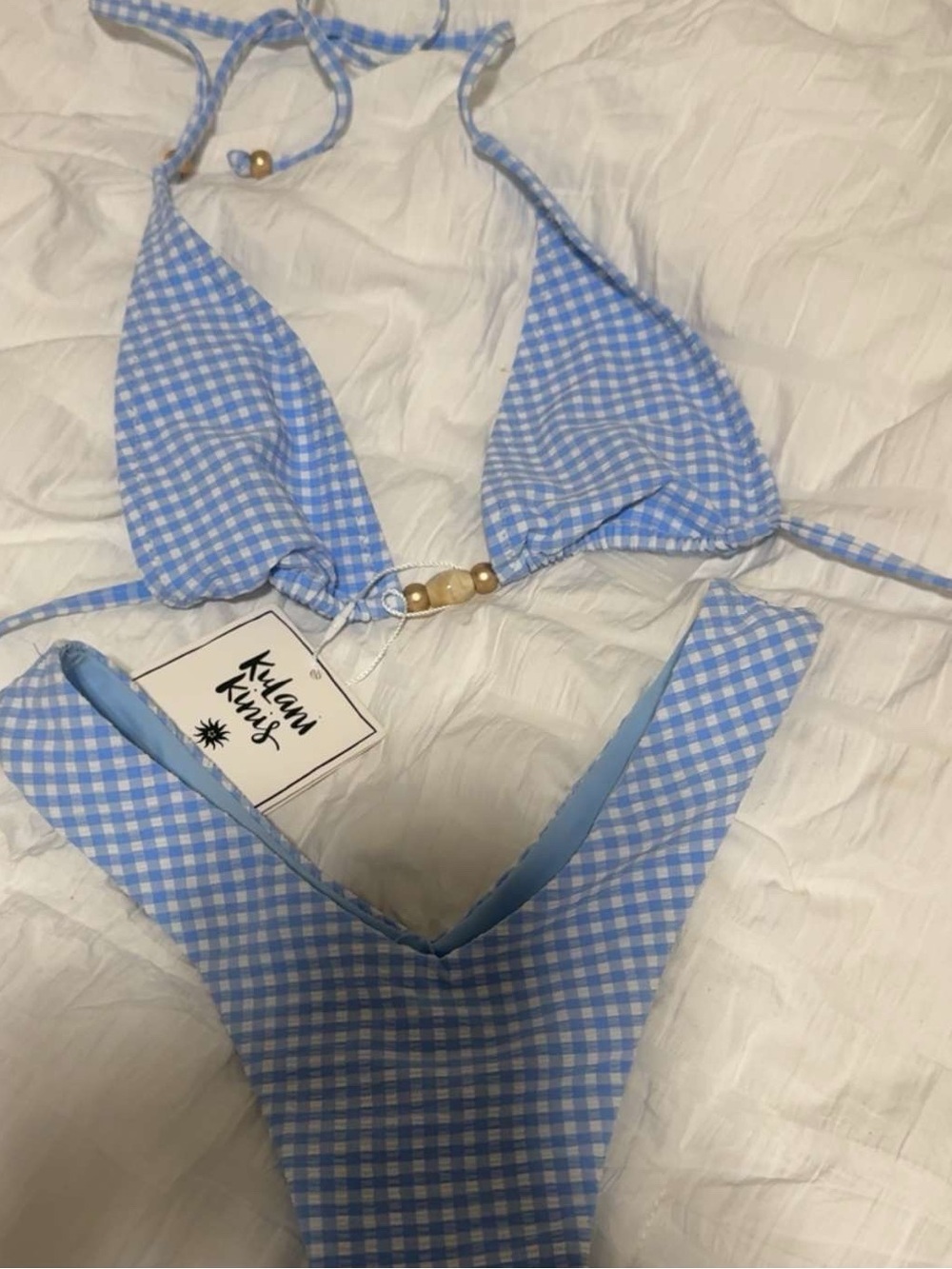 Kulani Kinis Light Blue & White Gingham Triangle Bikini